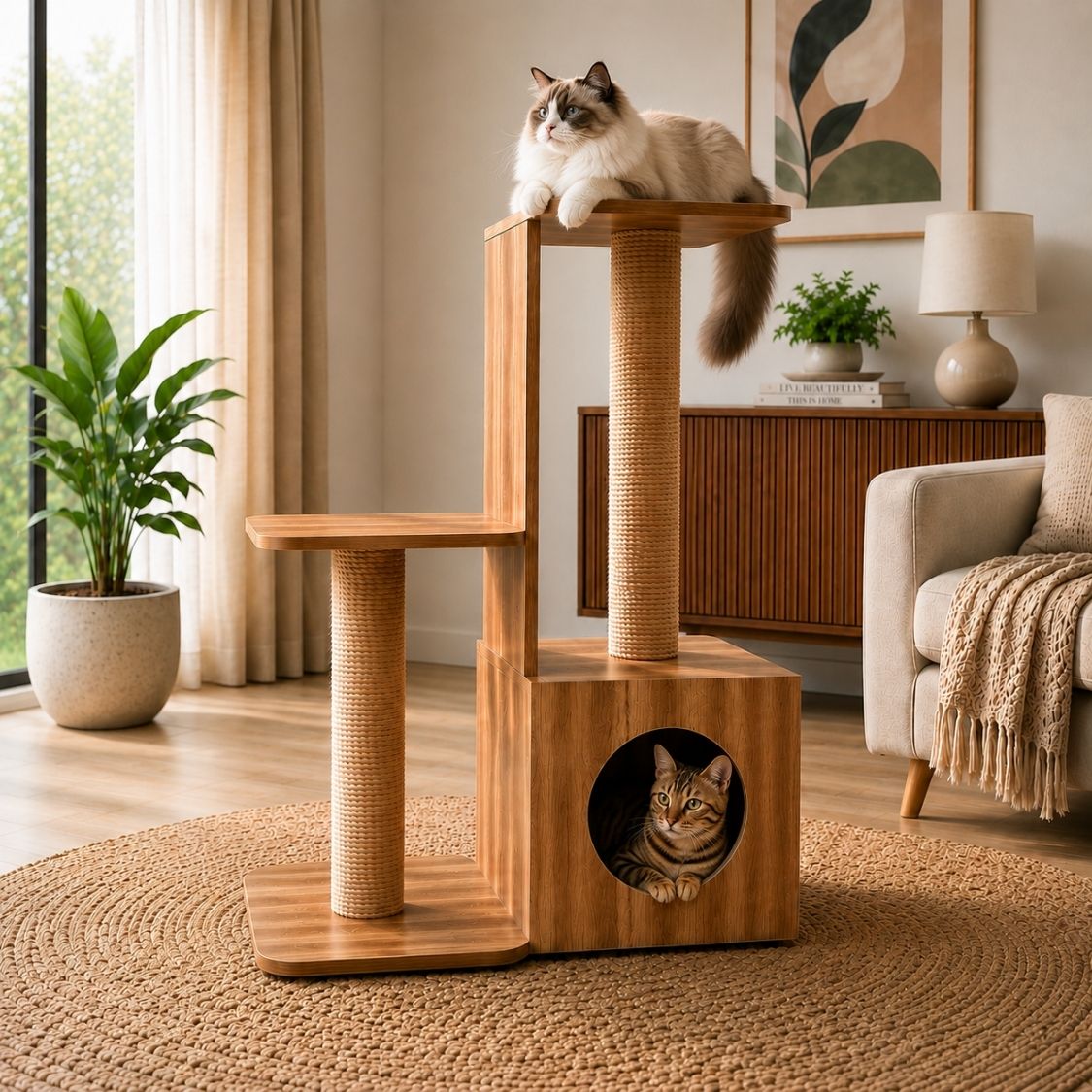 Modern Wooden Cat Tower with Scratcher & Condo