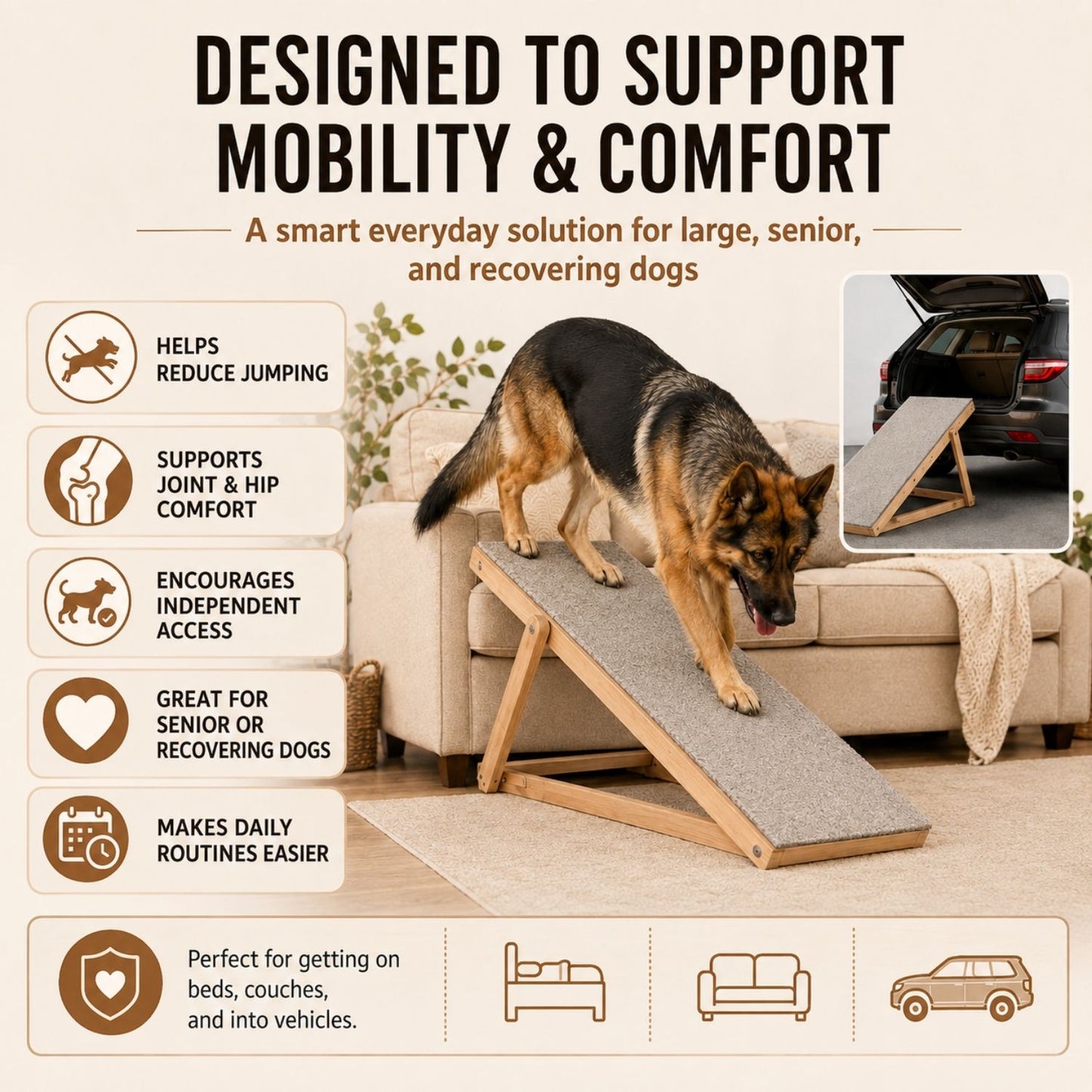 Foldable Pet Ramp for Dogs & Cats – Anti-Slip Wooden Ramp for Large Dogs