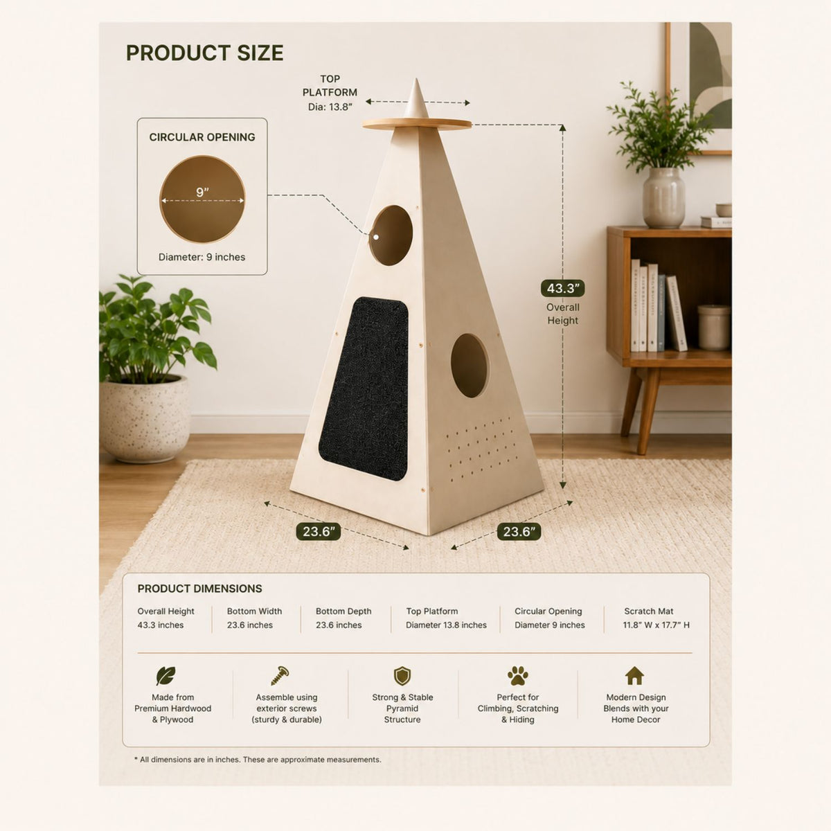 Wooden Cat Tower | Modern Cat Tree with Scratcher & Hideout
