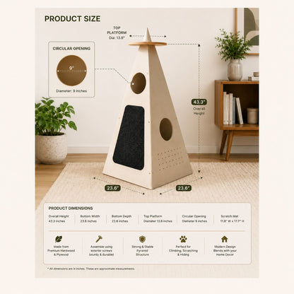 Wooden Cat Tower | Modern Cat Tree with Scratcher & Hideout