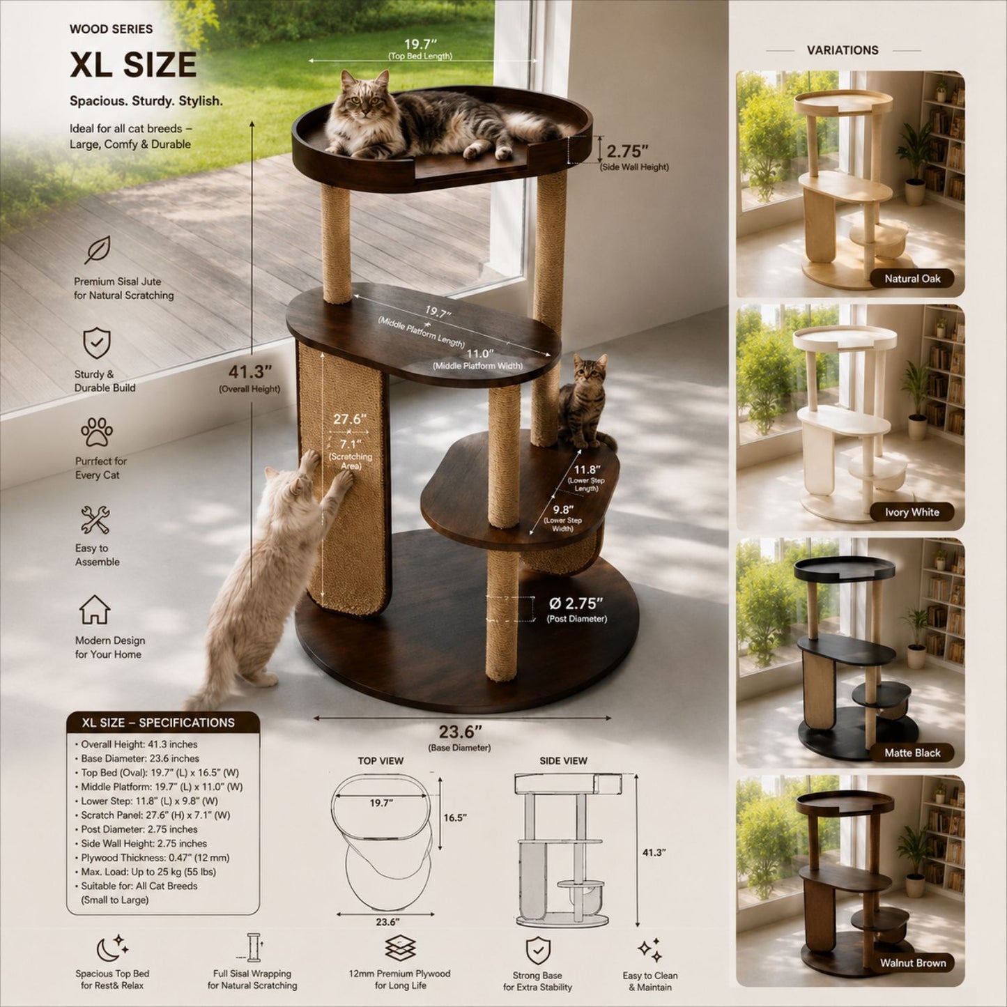 PurrVista Premium Wooden Cat Tree for Large Cats | Multi-Level Cat Furniture with Sisal Jute Scratcher