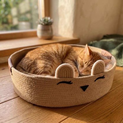 Small Dog & Cat Bed | Round Woven Cotton Rope Basket for Napping