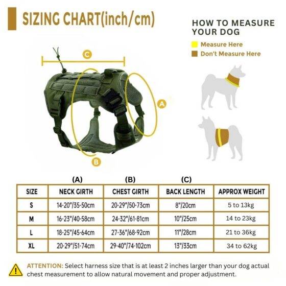 Military Harness Green Size Chart